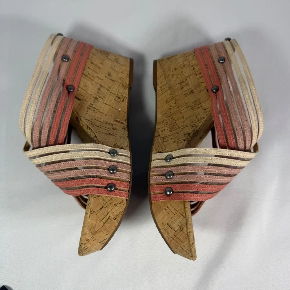Lucky Brand‎ Myraia Cork Wedge Sandals Pink Coral Striped Elastic Straps 8.5M